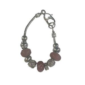 Pink Silver Beaded Charm Bracelet With Lobster Clasp 8"